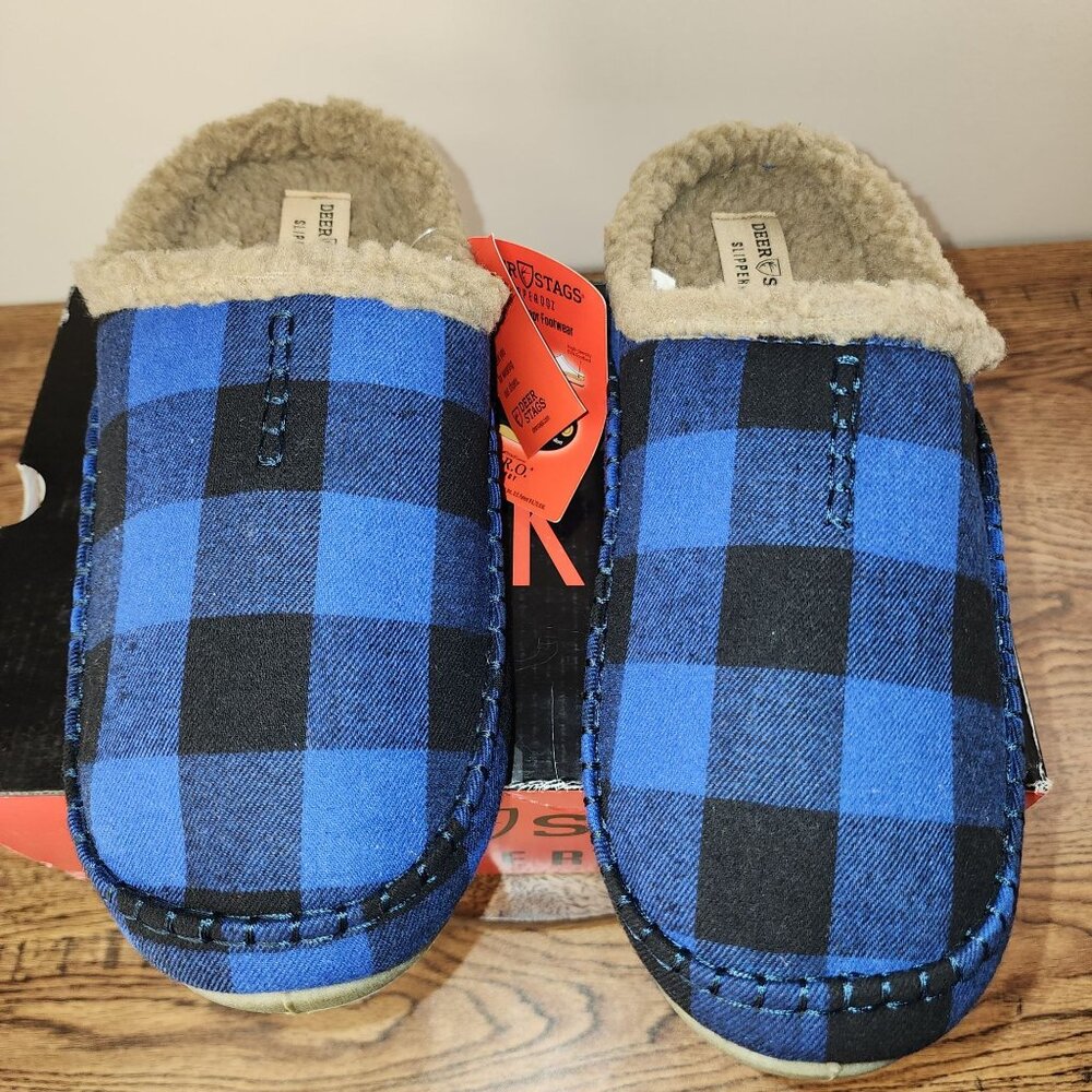 Deer Stags Mens Indoor/Outdoor Blue Plaid Slipperooz with Faux Shearling Lining